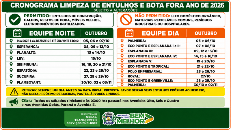 Prefeitura divulga cronograma de outubro da Limpeza de Entulhos e Bota Fora e convoca população.