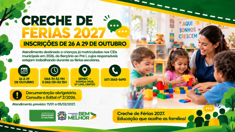 Secretaria de Educação abre inscrições para a Creche de Férias 2027 em Chapadão do Sul