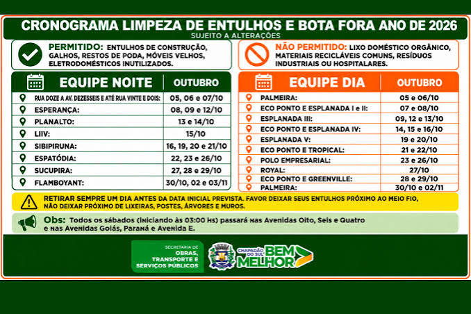 Prefeitura divulga cronograma de outubro da Limpeza de Entulhos e Bota Fora e convoca população.