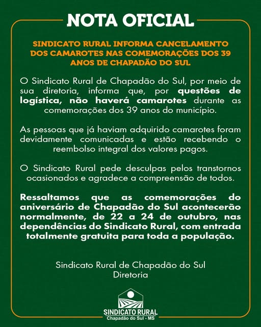 Sindicato Rural informa cancelamento dos camarotes nas comemorações dos 39 anos de Chapadão do Sul